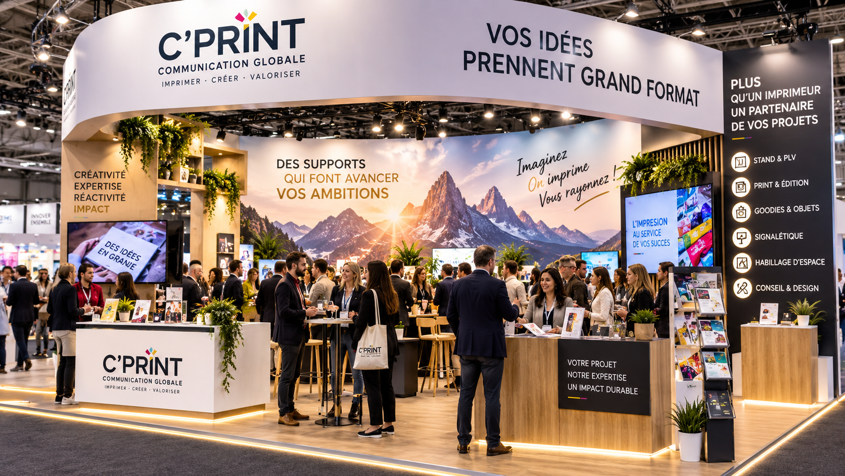 Stand professionnel C'Print dynamique avec grand visuel, écrans, présentoirs et nombreux visiteurs
